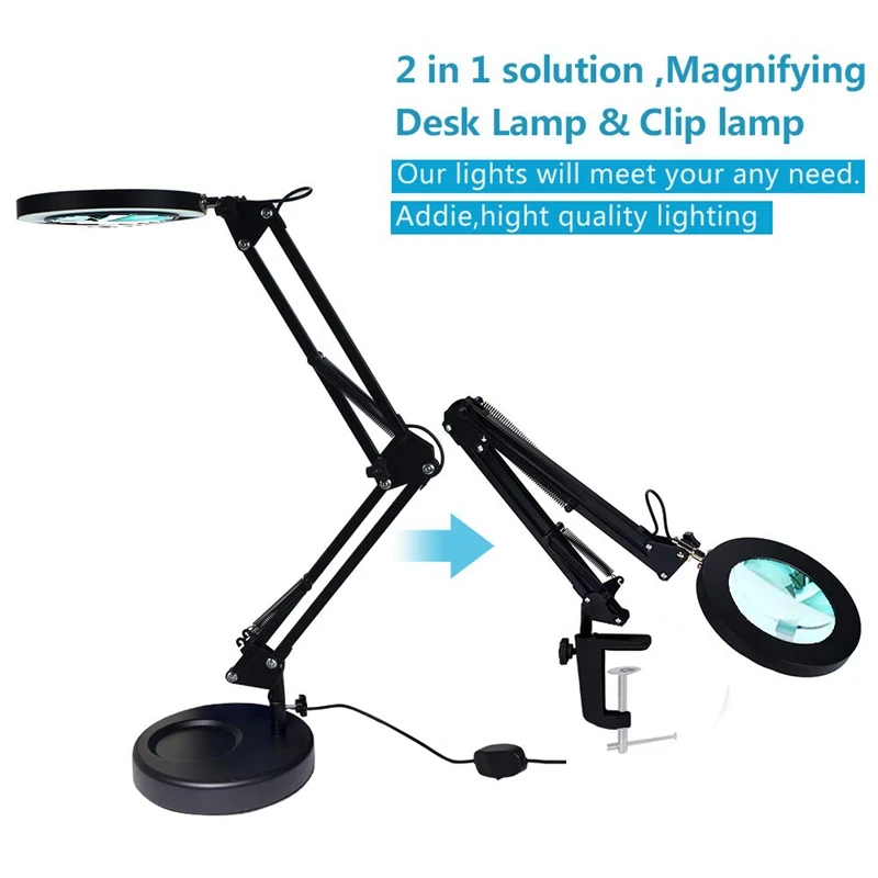 2-In-1 Dimmable Daylight Bright LED Magnifying Lamp with Utility Clamp and Stand, 3 Color Modes Magnifier Lighted Glass Lens Swi