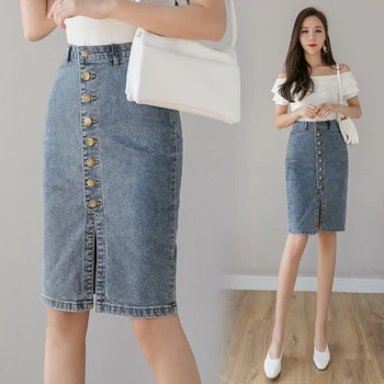 

Spring Summer 2020 Denim Sheath Wrap Skirts Womens Single-Breasted High Waist Pencil Midi Cowboy Skirt Front Split Skirts