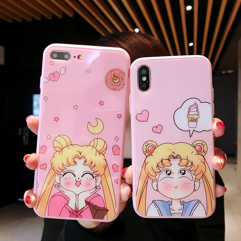 

Pink Anime Sailor Moon High quality glass Phone Case For iPhone 6 6s 7 8 Plus X XR XS MAX Cases Cartoon girl Back Cover Coque