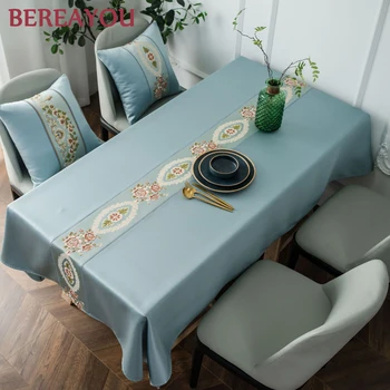

Luxury Table Cloths Blue Embroidered Waterproof Table cloth Europe Solid Color Table Cover For Living room Coffee table obrus