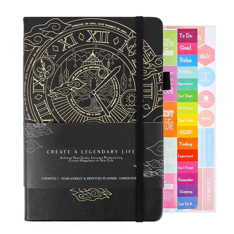 Agenda Daily Planner Notebook A5 Hardcover Weekly and Monthly Time Life Plan Organizer Notepad with Sticker Office Planner