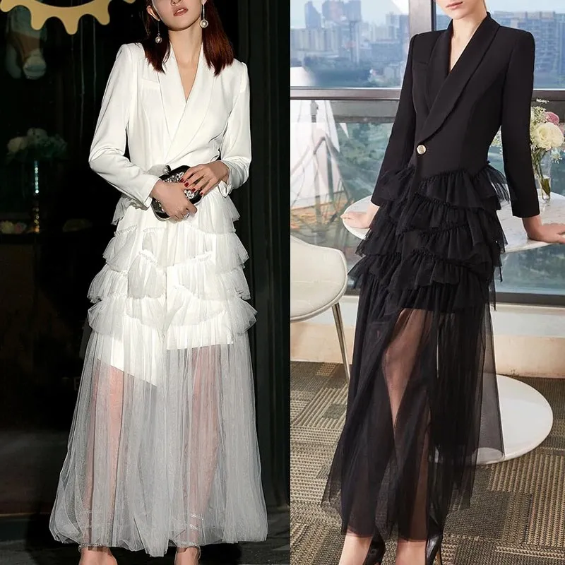 

Autumn Women's Runway Long Party Tulle Dress Elegant White Black Blazer Dress V Neck Mesh Ruffles Dress
