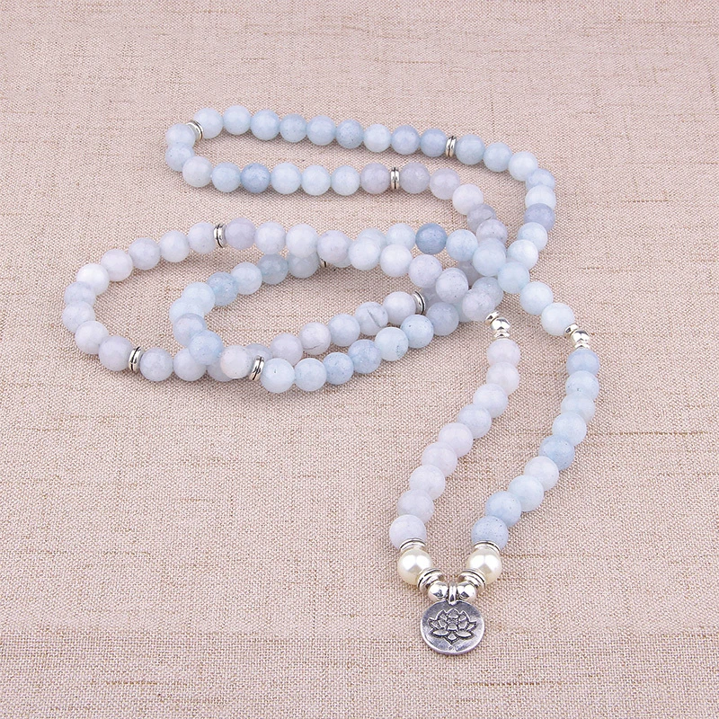 

Women Bracelet Natural Stone Bracelet Beads Aquamarin with Lotus Charm Yoga Multi-layer Bracelet 108 Mala Necklace for Men Women