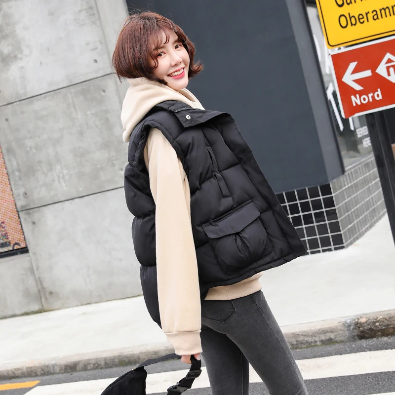 Women Autumn Winter Vest Korean Sleeveless Hooded Short Coat Casual Jacket Warm Solid Outwear Manteau Gilet Femme Hiver Clothes