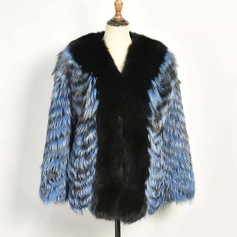 Silver Fox-Blue Новая зимняя шуба из натурального Лисьего меха, вязаная куртка из натурального Меха чернобурки, высокое качество,, толстый теплый мех S7566 - Цвет: Silver Fox-Blue