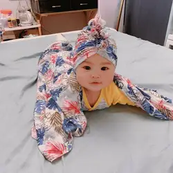 Пеленальное Одеяло с цветочным принтом для новорожденных мальчиков и девочек, теплая одежда для сна, муслиновая Пеленка, шапка, 2 предмета