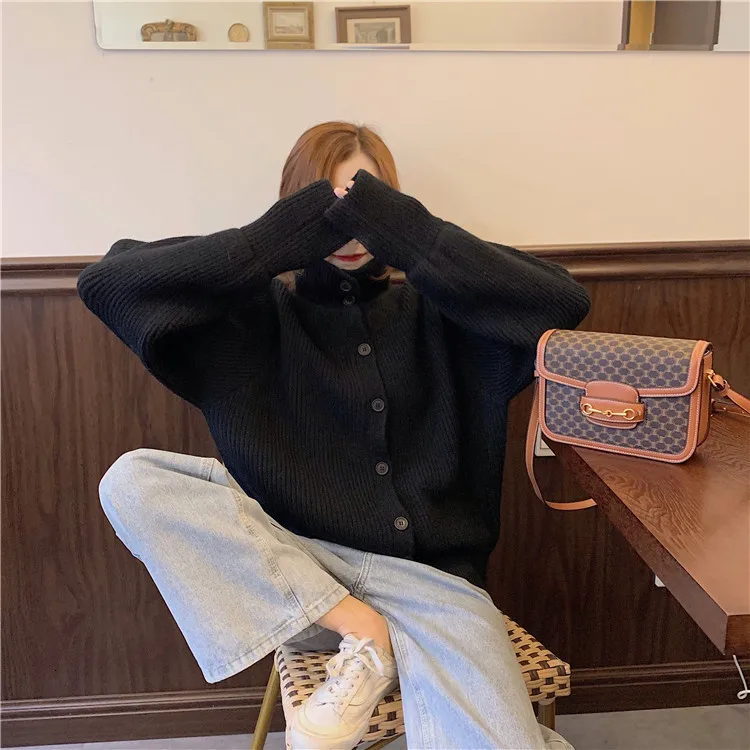 Sweater Cardigan Women Vintage Lantern Sleeve Casual Cardigan Harajuku Lapel Solod Color Coat