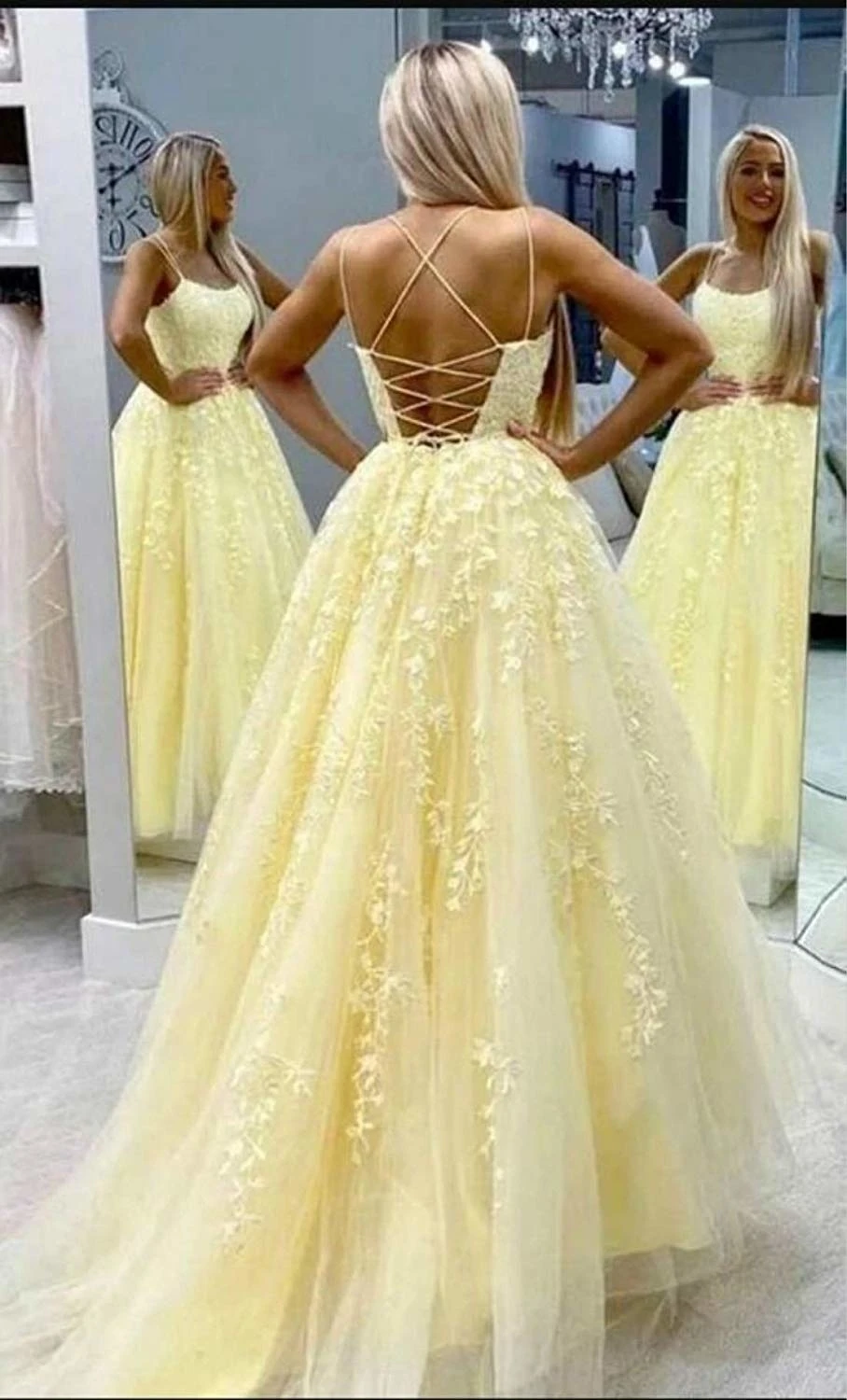 

Ladies' Lace Appliques Prom Dresses Long Spaghetti Straps Lace-up Back Sleeveless Formal Evening Party Gowns Vestido De Festa