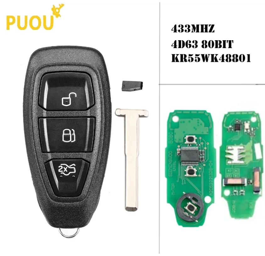 3 кнопки 433/434 МГц 4D63 80Bit чип для Ford KR55WK48801 умный дистанционный ключ без ключа focus C Max