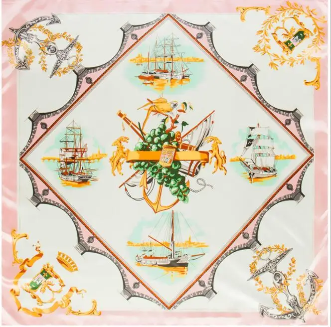 90*90cm Luxury Brand Women Silk Scarfs Sailing Boat Design Square Scarves Spring Summer Shawls For Ladies 4