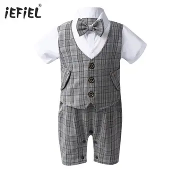 

Infant Baby Boy Romper Plaid Print Short Sleeve Bowtie Waistcoat One-piece Romper Summer Fashion Gentleman Newborn Boy Romper