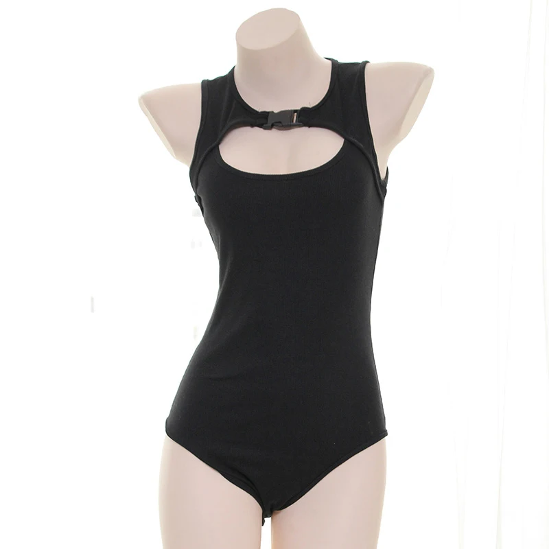 Autumn Winter Japanese Girls Covered Buckle Hollow Out Knitten Jumpsuits Sexy Women Harajuku Black Bodysuit Sukumizu Swimwear |
