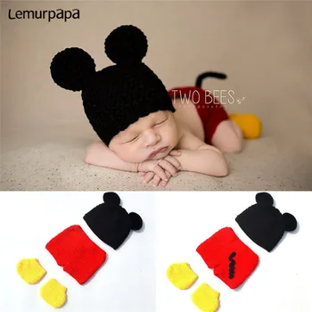 

Newborn Baby Photography Props Cartoon Mouse Fotografia Bebes Ropa Photograph Suits Handmade Knitting 0-3M Photographie
