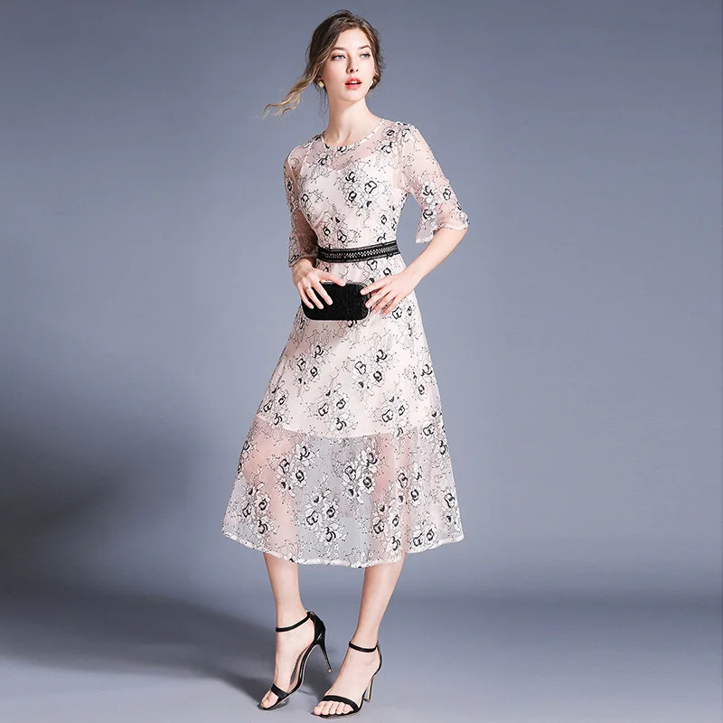 

Summer New Products Crew Neck Flounced Sleeves Ornamental Engraving Lace Joint Mid-length over-the-Knee Waist Hugging Slimming E