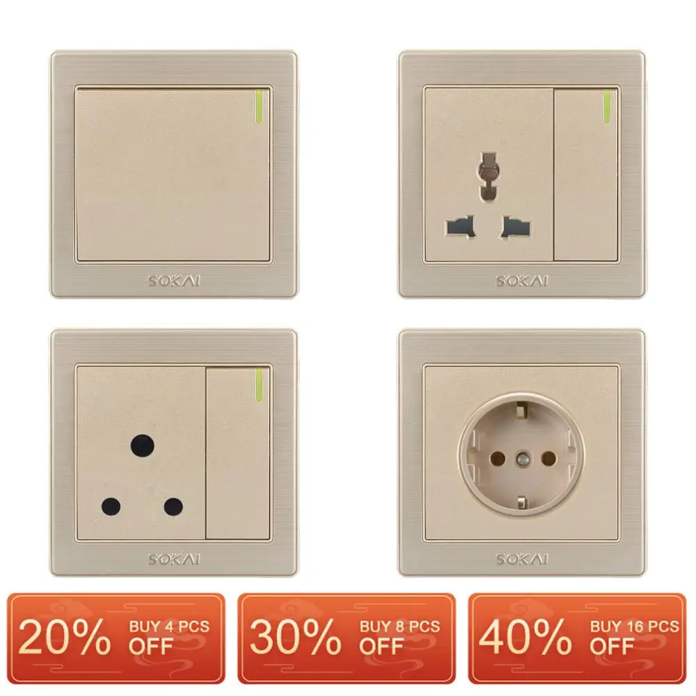 Sokai Copper Stainless Steel Panel Anti-Fire 1/2/3/4 Gang 1/2 Way Universal Uk Schuko Standard Wall Power Switch Socket Outlet