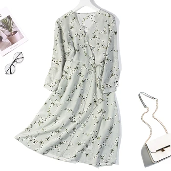 

Women's 100% Pure Silk V neck Half sleeve Two Layers Printed Long Dress JN038