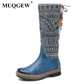 

Vintage Mid-calf Boots Women Shoes Bohemian Retro Genuine Leather Motorcycle Boots Printed Side Zipper Back Lace Up Botas 36-42