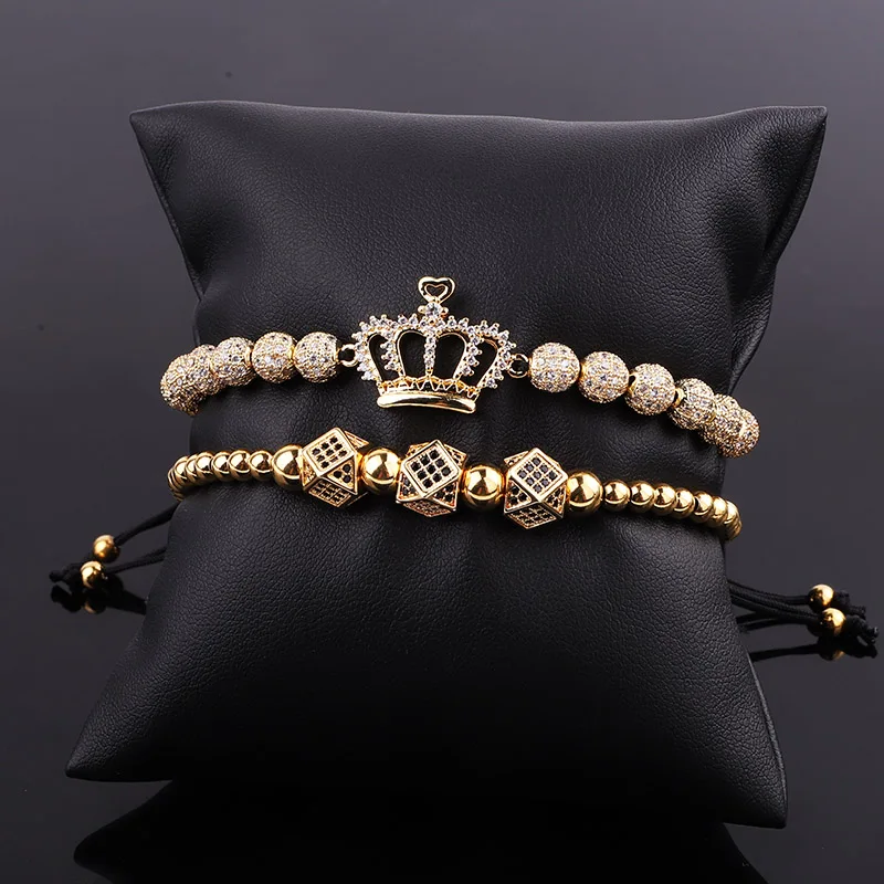 New Design Luxury Crown Bracelet Jewelry Gold Plated CZ Pave Charm Beaded Macrame Bracelet Set Male - Image 2