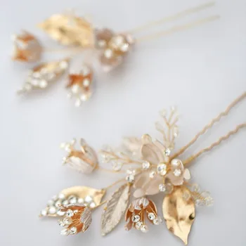 

Pearl Hairpin Delicate Bridal Gold Floral Hair Pin Clip Accessories Leaf Wedding Headpiece Women Party Hair Jewelry Simple Style