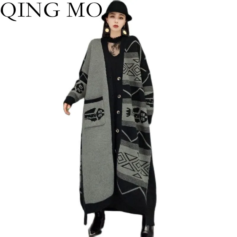 QING MO Spring Winter Fashion Retro Printing Sweater Jacket Women 2022 New Plus Size Single Breasted Knitted Long Coat ZWL1077 | Женская