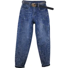 Осенняя мода тяжелая работа Горячая бурение женские джинсы с высокой талией женские повседневные джинсы для женщин в стиле бойфренд шаровары