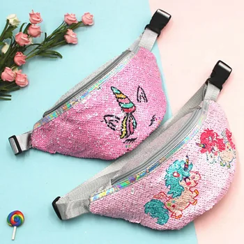 

1 PC Unicon Sequined Waist Bag Women Girls Lovely Cartoon Unicorn Printed Sequins Crossbody Bag Waist Pack Chest Belt Bag New
