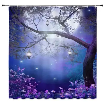 

Fantasy Fairy Forest Shower Curtain Colorful Flower Butterfly Tree Lanterns Moon Nature Night Scenery Foggy Wonderland Decor