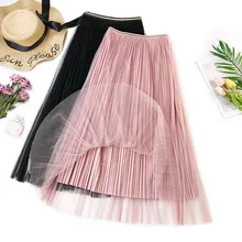 Foamlina винтажная стильная женская бархатная юбка сексуальная блестящая сетчатая Лоскутная юбка миди эластичная талия Повседневная Осенняя плиссированная юбка