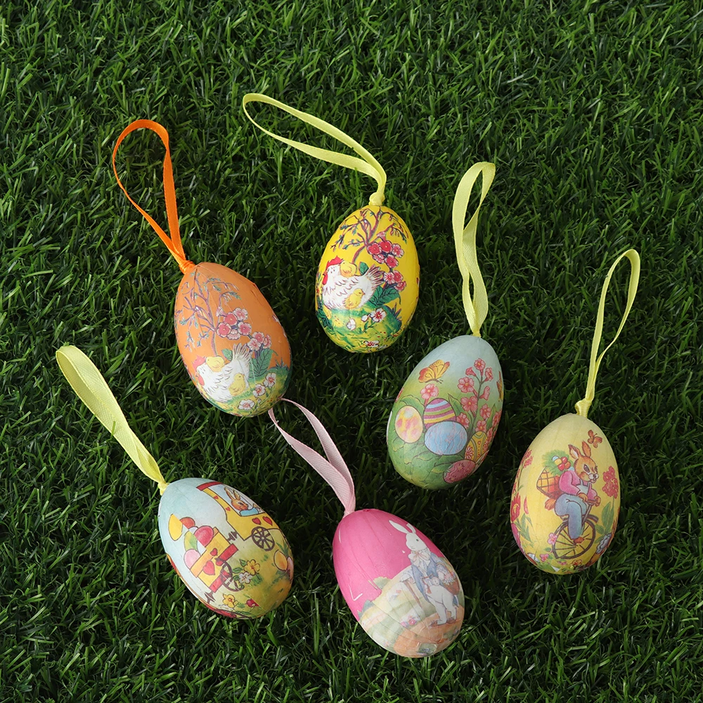 6pcs Colorful Foam Easter Eggs Easter Party Decoration Hand Painted Craft Hanging Ornaments