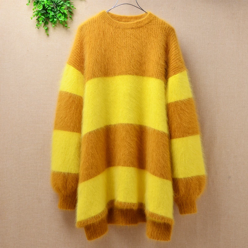 thick-warm-lady-women-genuine-mink-cashmere-loose-stripes-long-lantern-sleeves-o-neck-angora-rabbit-fur-pullover-sweater-winter