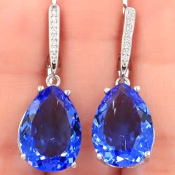 

35x13mm SheCrown 18x13mm Drop Shape Rich Blue Violet Tanzanite White CZ Gift For Woman's 925 Silver Earrings