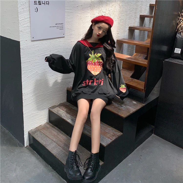 Осенний элегантный стиль для женщин Harajuku милый Печатный темно-синий толстовки с воротниками свободный длинный рукав черный утолщение девушка милый пуловер