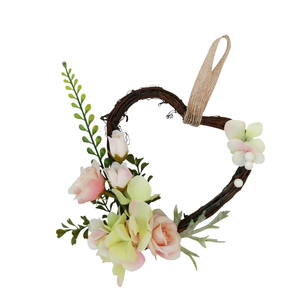 Heart Rattan Simulation Rose Flower Wreath Farm House Indoor Outdoor Decoration