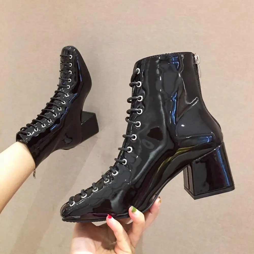 

High Heel Boots Shoes Luxury Designer Lace Up Booties Ladies Bootee Woman 2019 Zipper Winter Women Heels Chunky Fashion Ankle