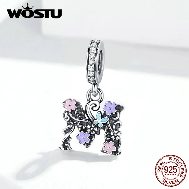 WOSTU, настоящее 925 пробы, серебряные буквы A& M, цветок, шарм, подходит для оригинального браслета, кулон, циркониевые бусины для изготовления ювелирных изделий DXC1274