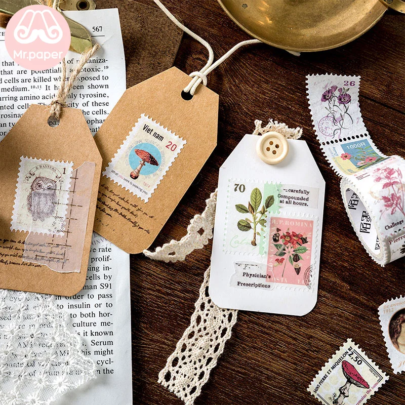 Mr Paper 8 Designs Retro Post Office Plant Stamp Tapes Scrapbooking Deco Sticker Masking Tapes Easy to Tear