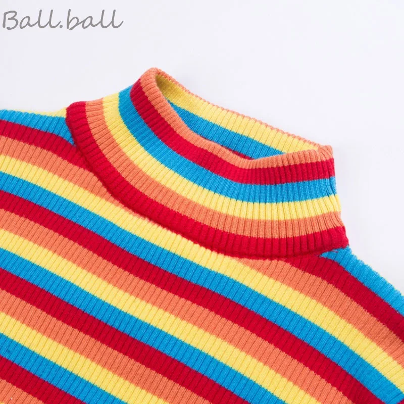 Осенняя женская футболка в радужную полоску с длинным рукавом, тонкая трикотажная водолазка, женские топы, футболки, Повседневный Женский пуловер, свитер, футболка