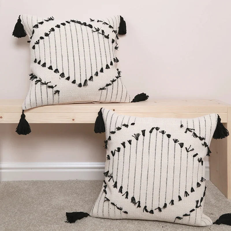 

European Black white Style Cut Flower Cushion Cover Tassel Geometric Pattern Backrest Pillow Case For Bedroom Sofa Home decor