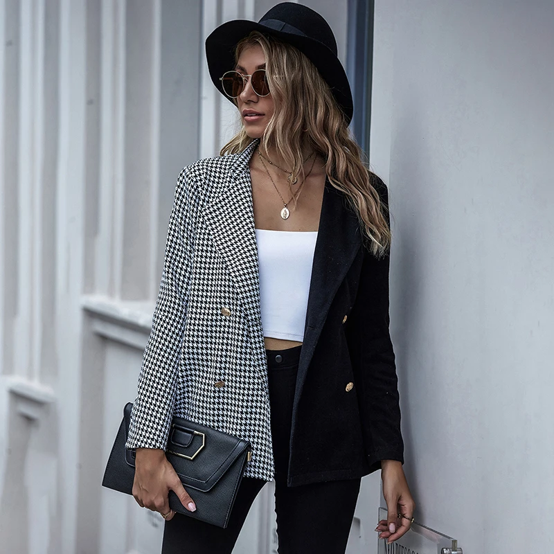 

Fall 2020 Women Double Breasted Houndstooth Jacket Coats Fashion Black White Patchwork Plus Size Houndstooth Blazer for Women