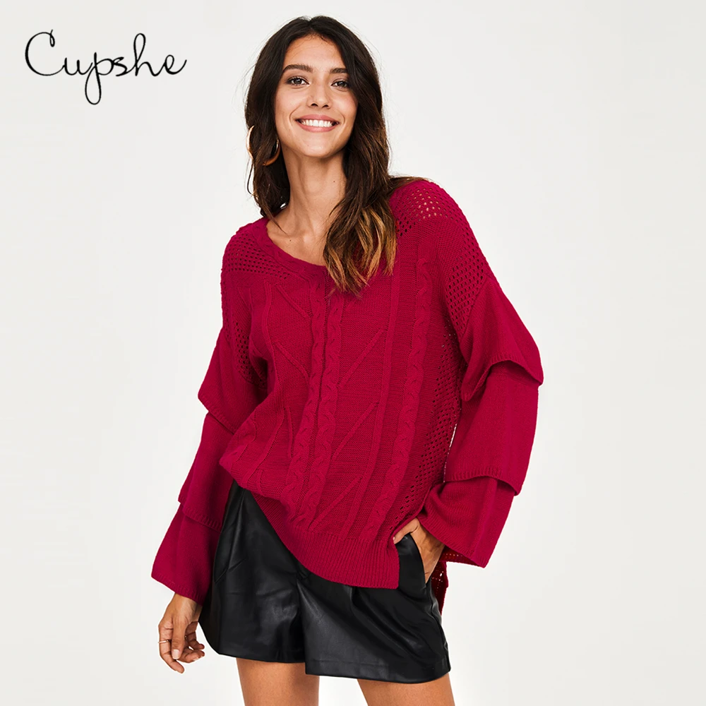 CUPSHE Red Loose Oversized Sweater Women Casual V Neck Long Lay Sleeve Knit Pullover Autumn Winter Female Knitwear Jumper | Женская