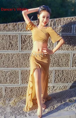 Top Skirt as photo Детская одежда для занятий танцами живота; Новинка; осенний топ с расклешенными рукавами; Длинная юбка; восточные Индийские танцы для девочек; сценический тренировочный костюм - Цвет: Top Skirt as photo