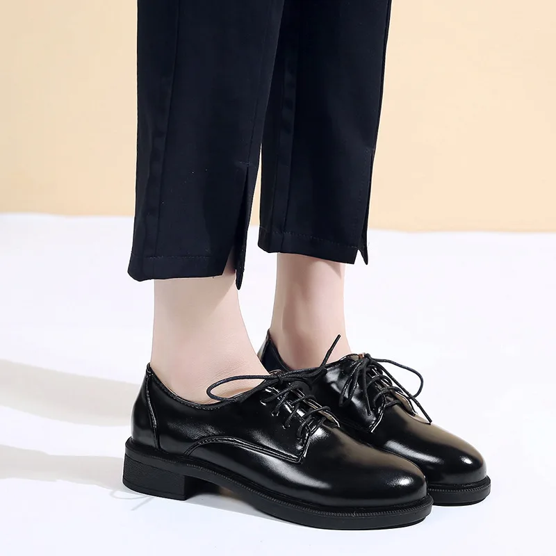 

INS Small Leather Shoes Retro 2019 Spring New Style British Style Students Versatile Lace-up Shoes Solid Color Chunky-Heel WOMEN