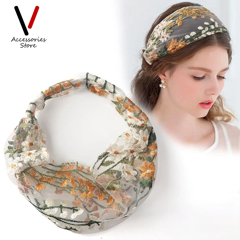 

Women Retro Four Seasons Casual Thin Embroidered Headbands Lace Wide Bundle Headdress Hair Cover Binding Face Washing Outdoor