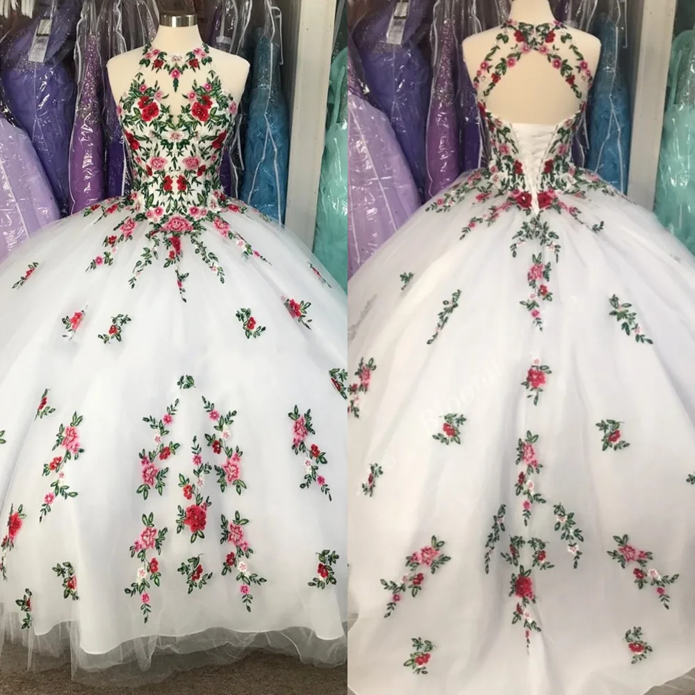 Бальное платье с 3D цветами платья для Quinceanera вышитый прозрачный шейный корсет вырезом Замочная скважина