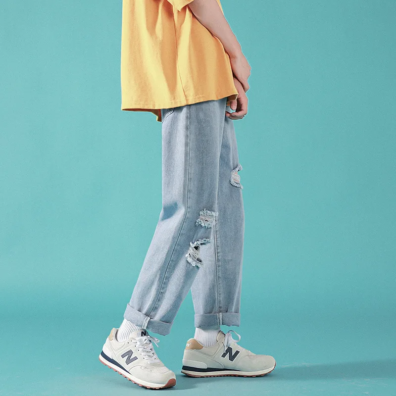 ICCLEK Fall Hiphop Jeans Hip Hop Ripped Jeans Men's Straight Pants Distressed Jeans  Patchwork Jeans  Men Clothing