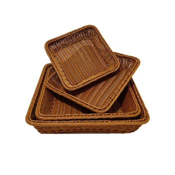

Imitated Rattan Plastic Storage Tray Bread Basket Woven Picnic Basket Bread Fruit Snacks Portable Storage Baskets Display Deskto