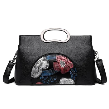 

QZUnique Women's Chinese Style Retro Floral Handbag Elegant Color Embossed Top Hollow Handle Shoulder Bag Flowers