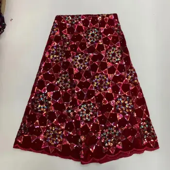 

African Velvet Lace Fabric Sequins High Quality red African Lace Fabric French Lace Fabric Nigerian Lace Fabric 5 Yards FD825