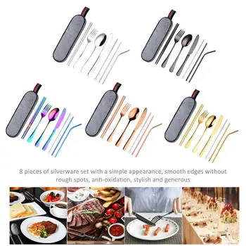 

8Pcs Portable Flatware Stainless Set Silverware Travel Utensils Set with Case Straw