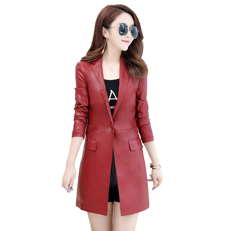 Весна 2020 женская кожаная куртка Модный облегающий костюмный воротник